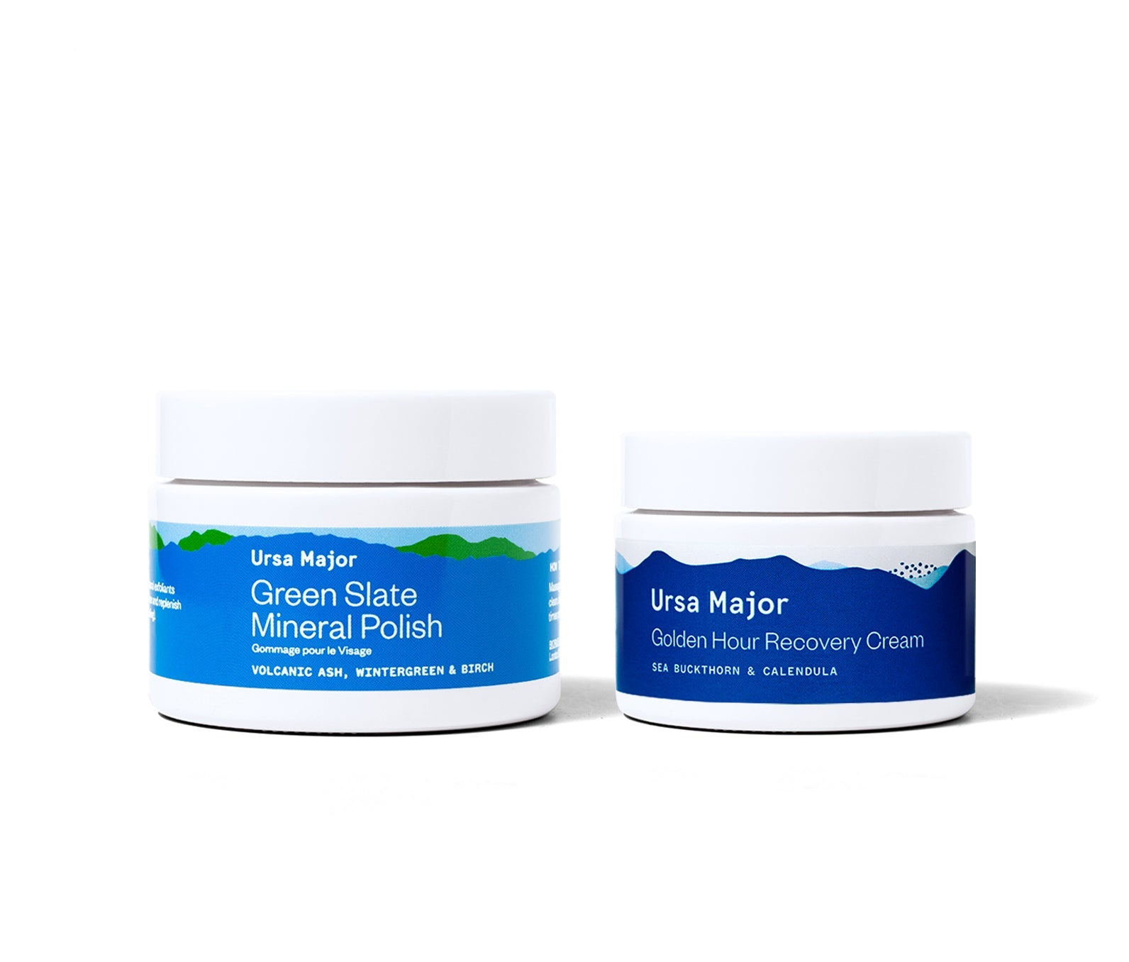 Ursa Major Skincare Fresh Start Bundle.  The jar of Green Slate Mineral Polish is white with a blue label with blue and green mountains on it.  The jar of Golden Hour Recovery Cream is white with a label with blue mountains on it.  