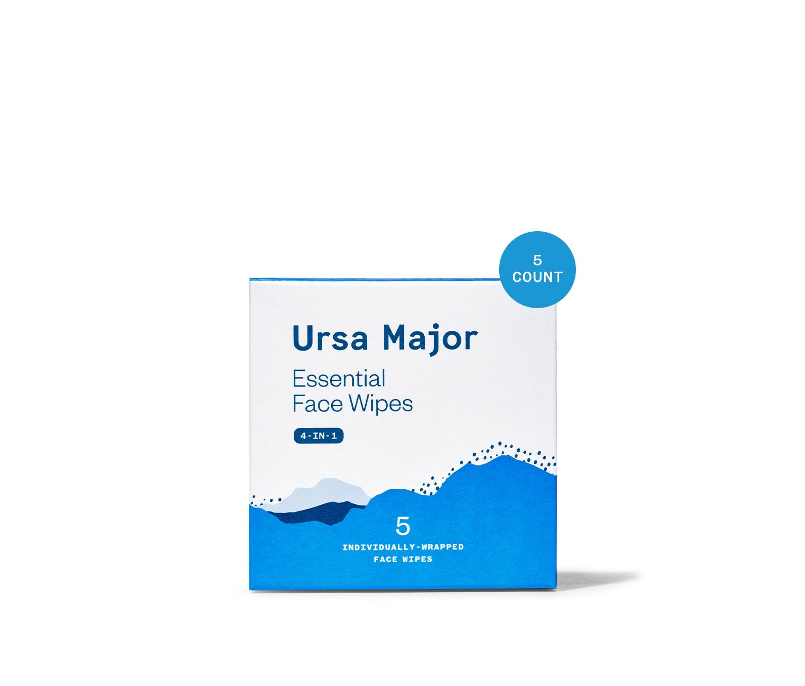 Ursa Major Essential Face Wipes 5-count box, featuring individually wrapped wipes for face, perfect for cleansing, exfoliating, soothing, and hydrating.