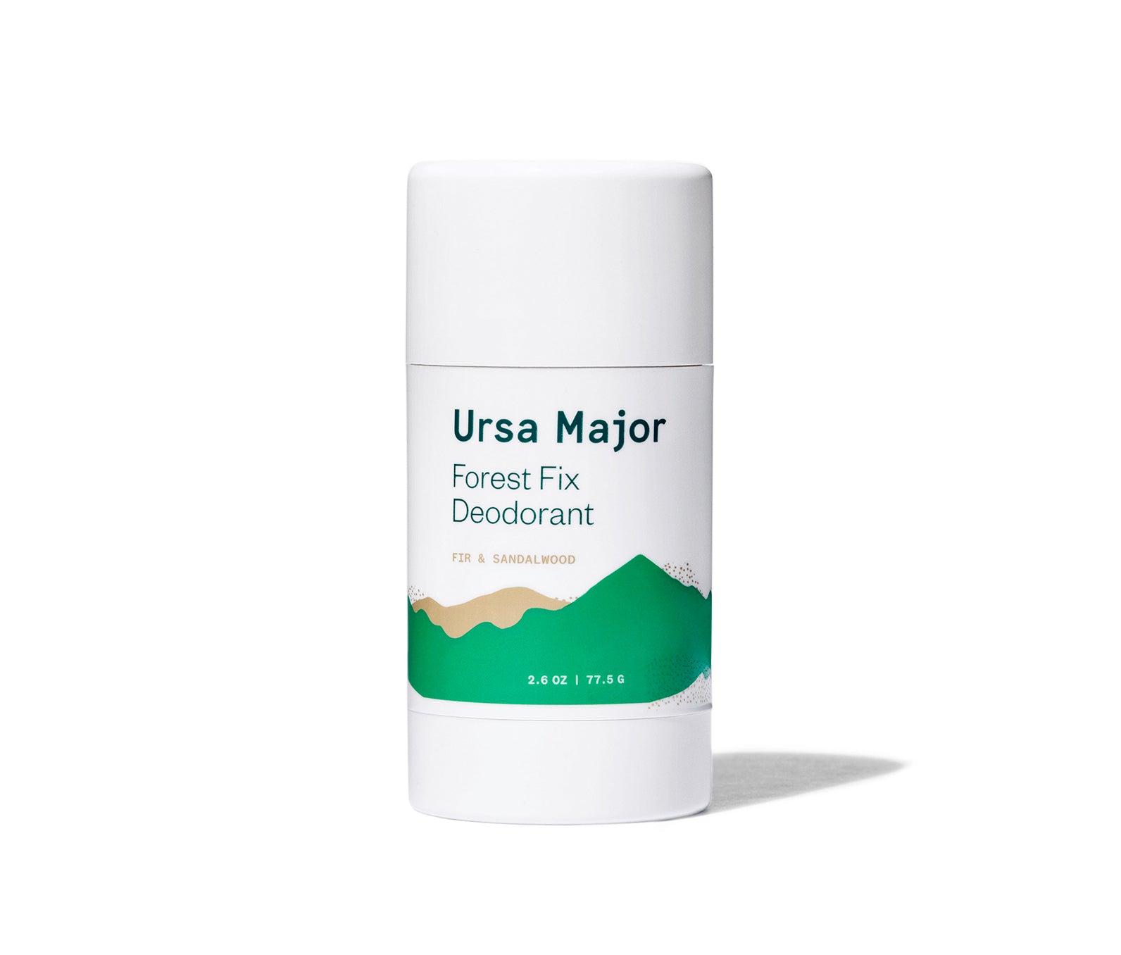 Ursa Major Forest Fix Deodorant on a white background.  Tube is white with green lettering and green and tan mountains.