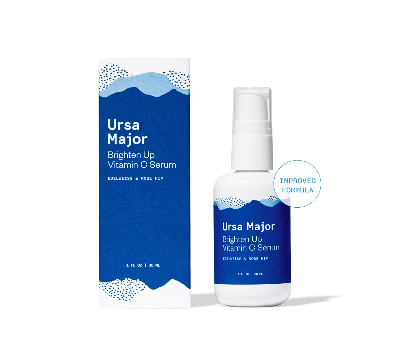 Ursa Major Brighten Up Vitamin C Serum bottle and box. This brighten serum features edelweiss and rose hip, formulated to provide brightening benefits for the skin.