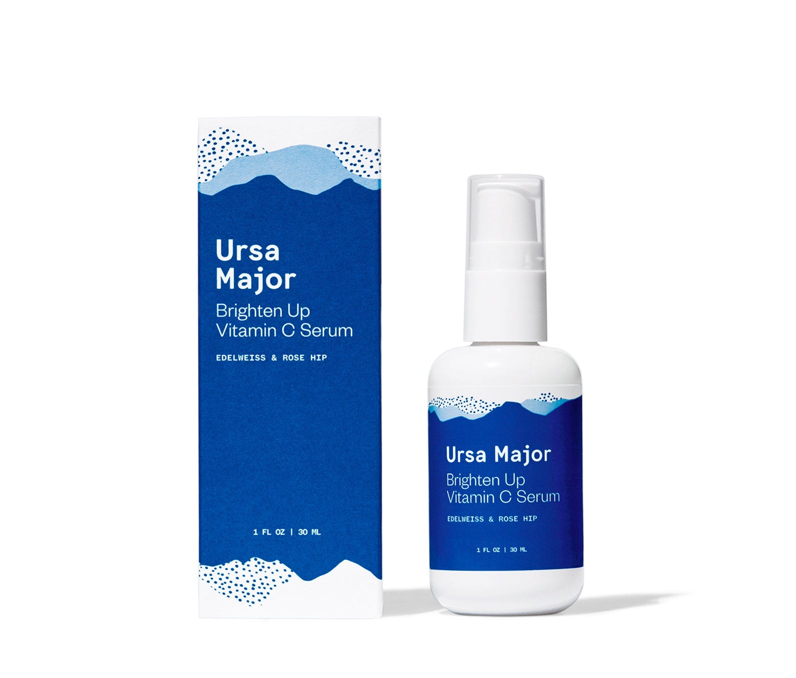 Ursa Major Brighten Up Vitamin C Serum bottle and box. This brighten serum features edelweiss and rose hip, formulated to provide brightening benefits for the skin.