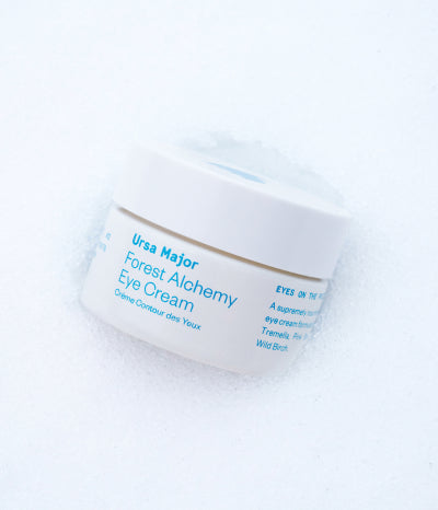 Jar of eye cream in the snow