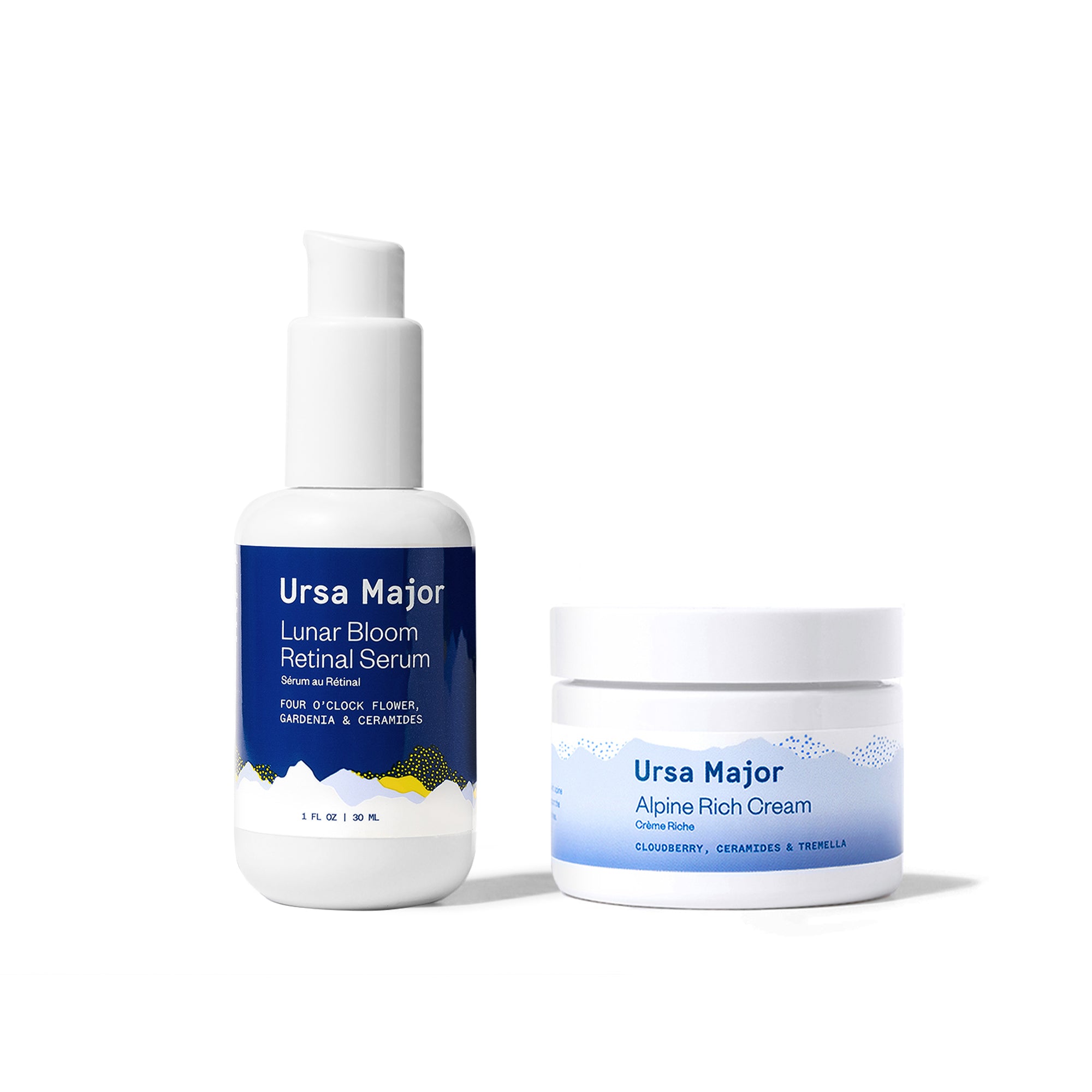 Lunar Bloor Retinal Serum and Alpine Rich Cream on a white background.