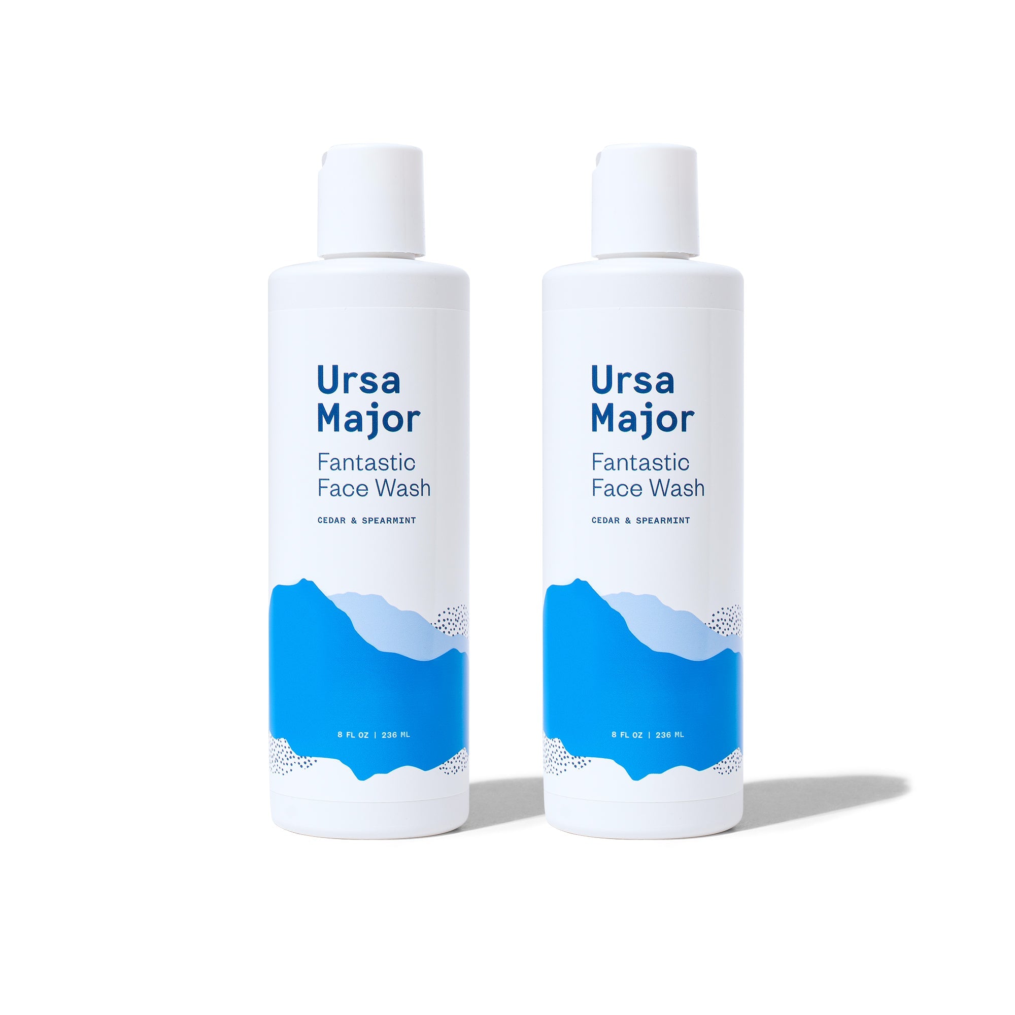 Two bottles of Fantastic Face Wash on a white background.  Bottles are white with dark-blue lettering and mountains in different shades of blue.