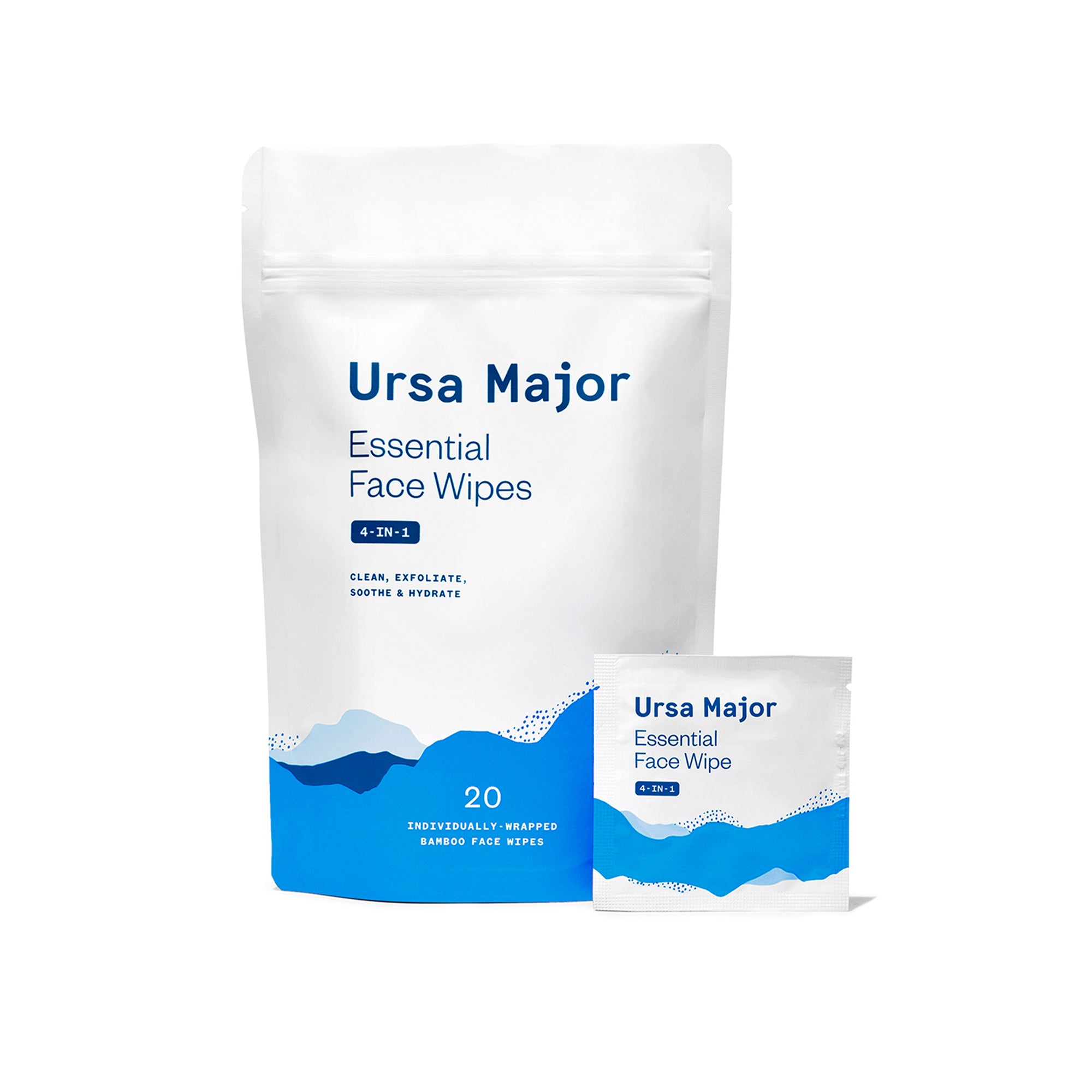 Ursa Major Essential Face Wipes packaging, featuring individually wrapped wipes for face, designed to clean, exfoliate, soothe, and hydrate.