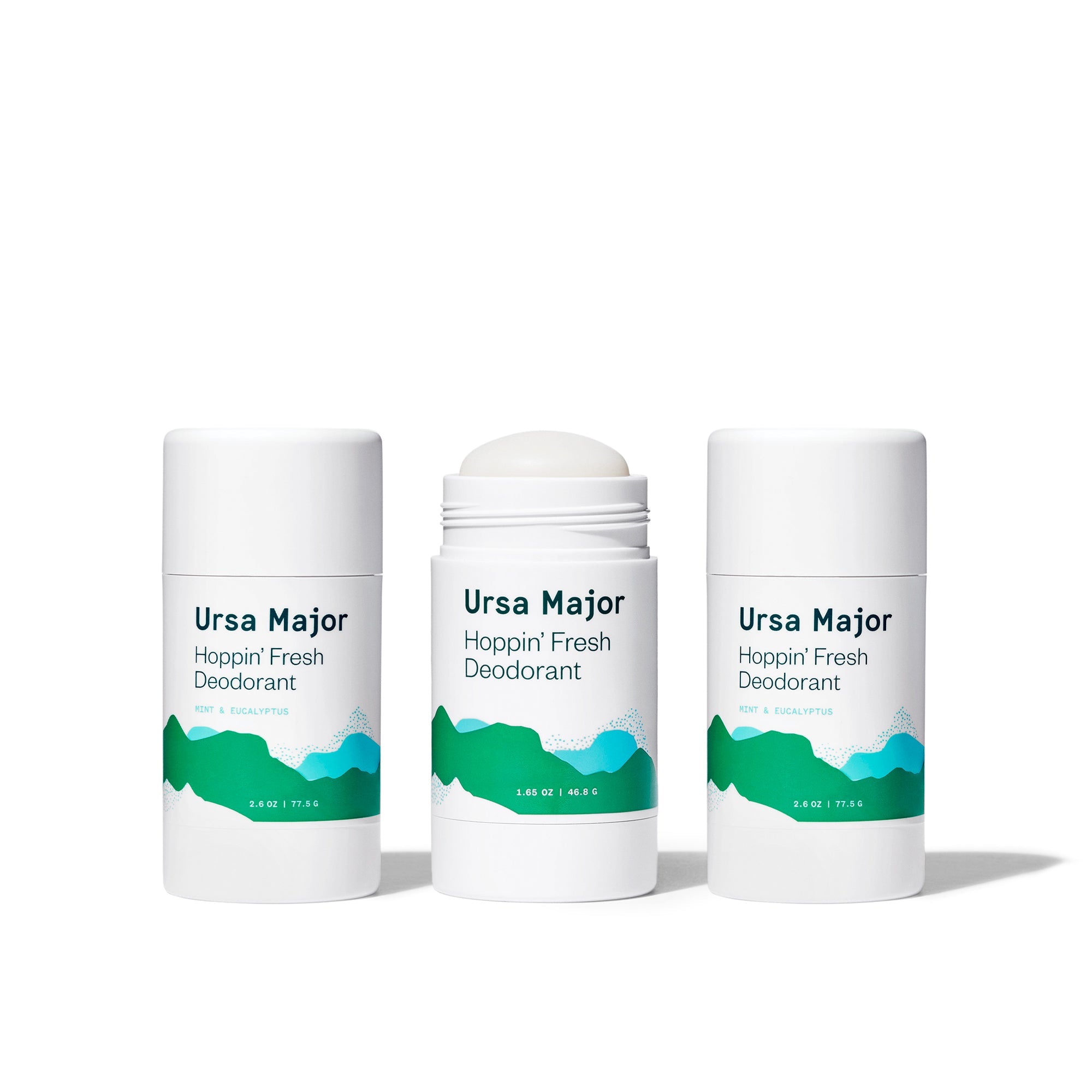 Three tubes of Ursa Major Hoppin' Fresh Deodorant on a white background.  The middle tube is missing the cap.