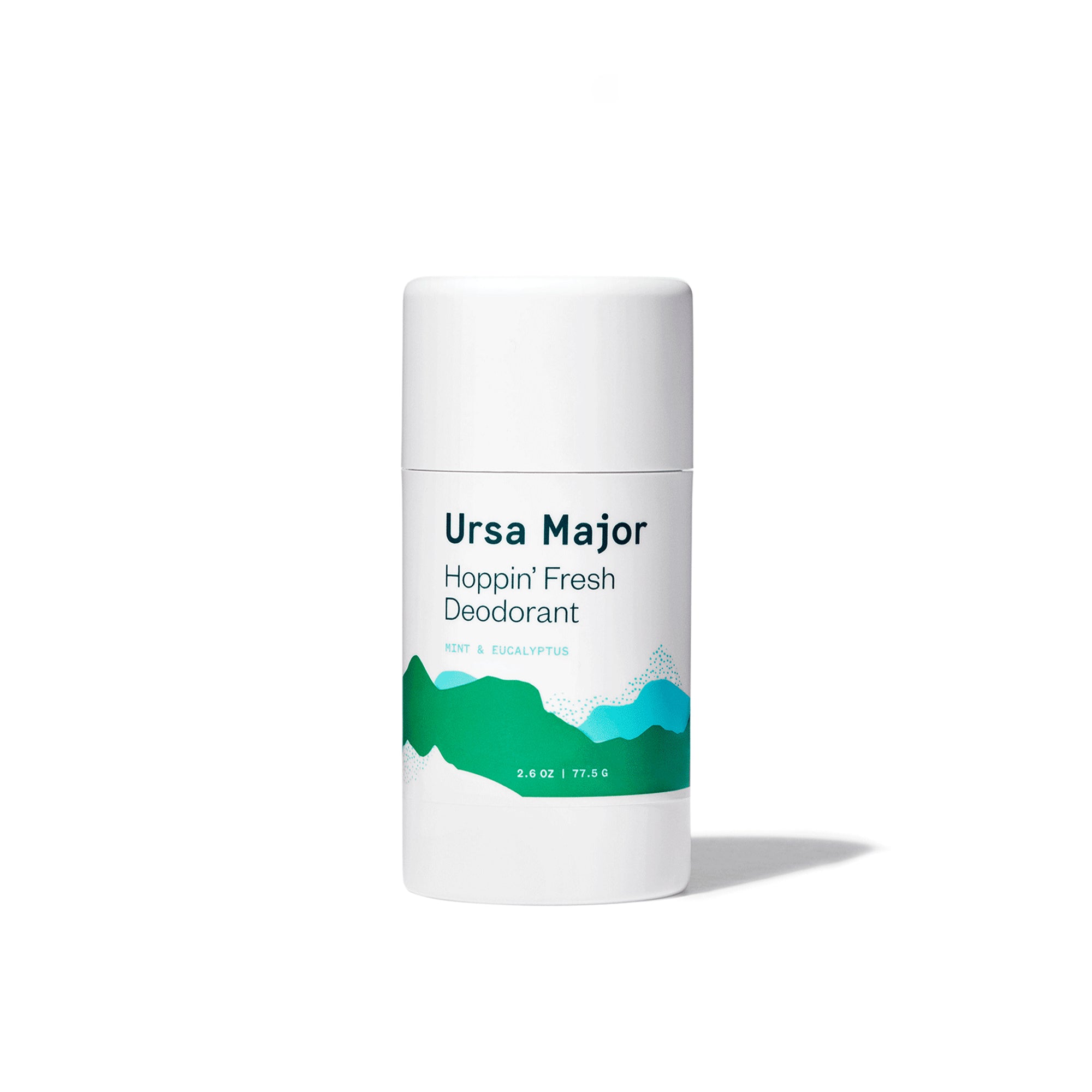 Ursa Major Hoppin' Fresh Deodorant on a white background.  Tube is white with green lettering and green and blue mountains.