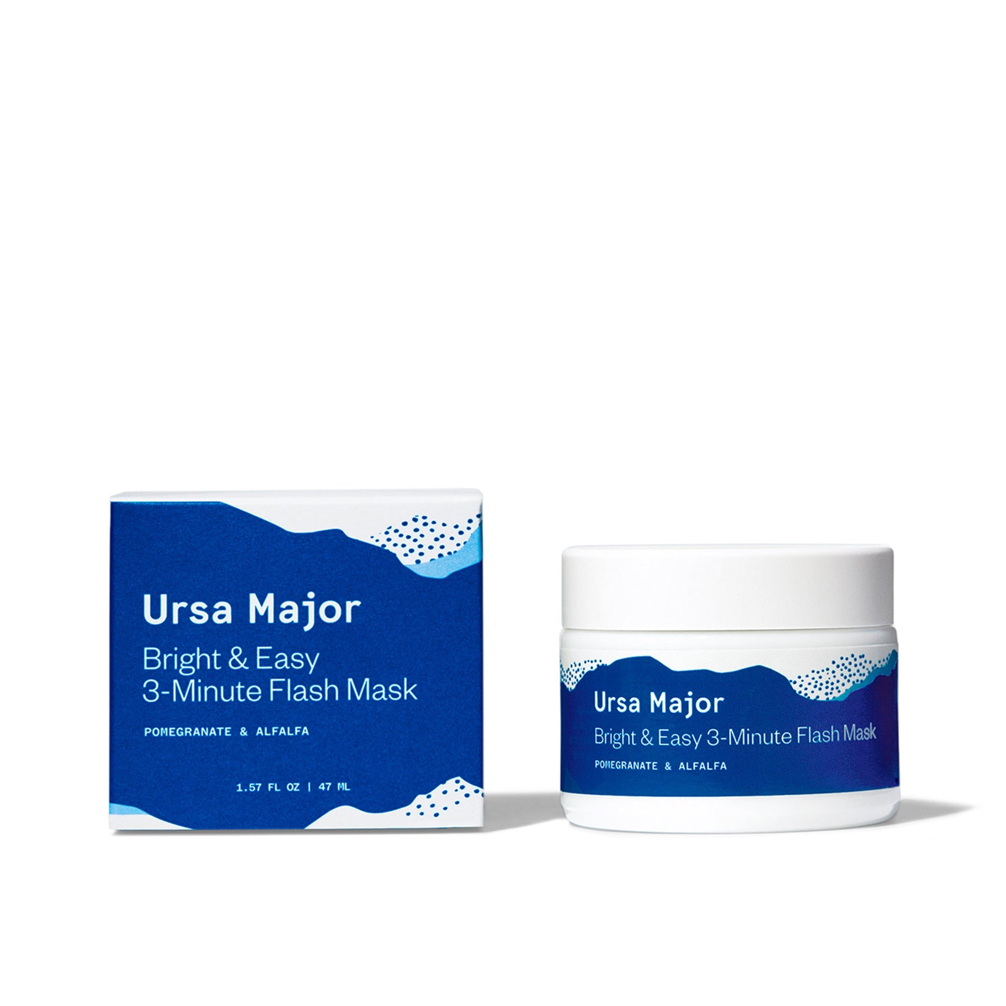 Box of Ursa Major Bright & Easy 3-Minute Flash Mask next to the jar of Bright & Easy 3-Minute Flash Mask. The jar is white with blue mountains on it.