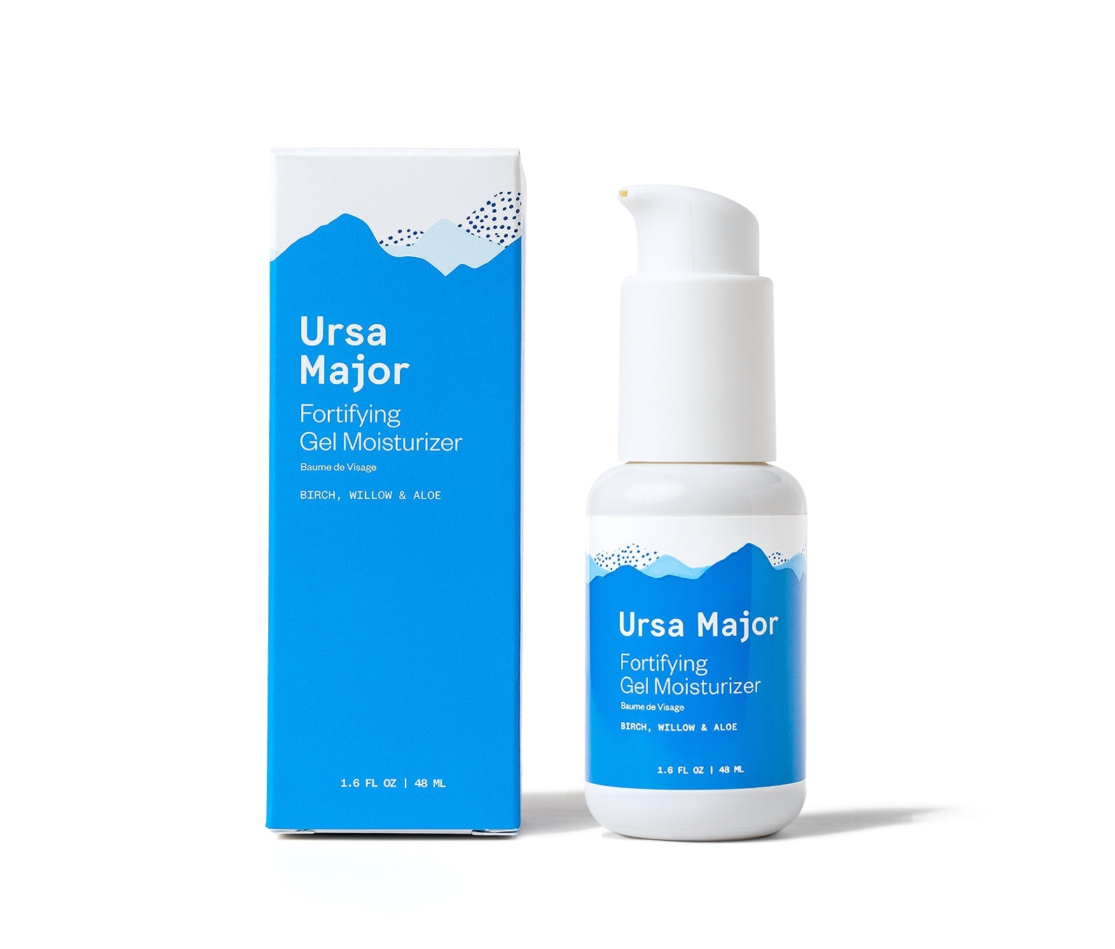 Box of Ursa Major Fortifying Gel Moisturizer next to the jar on a white background.  Both the Box and jar are white with blue mountains on them.