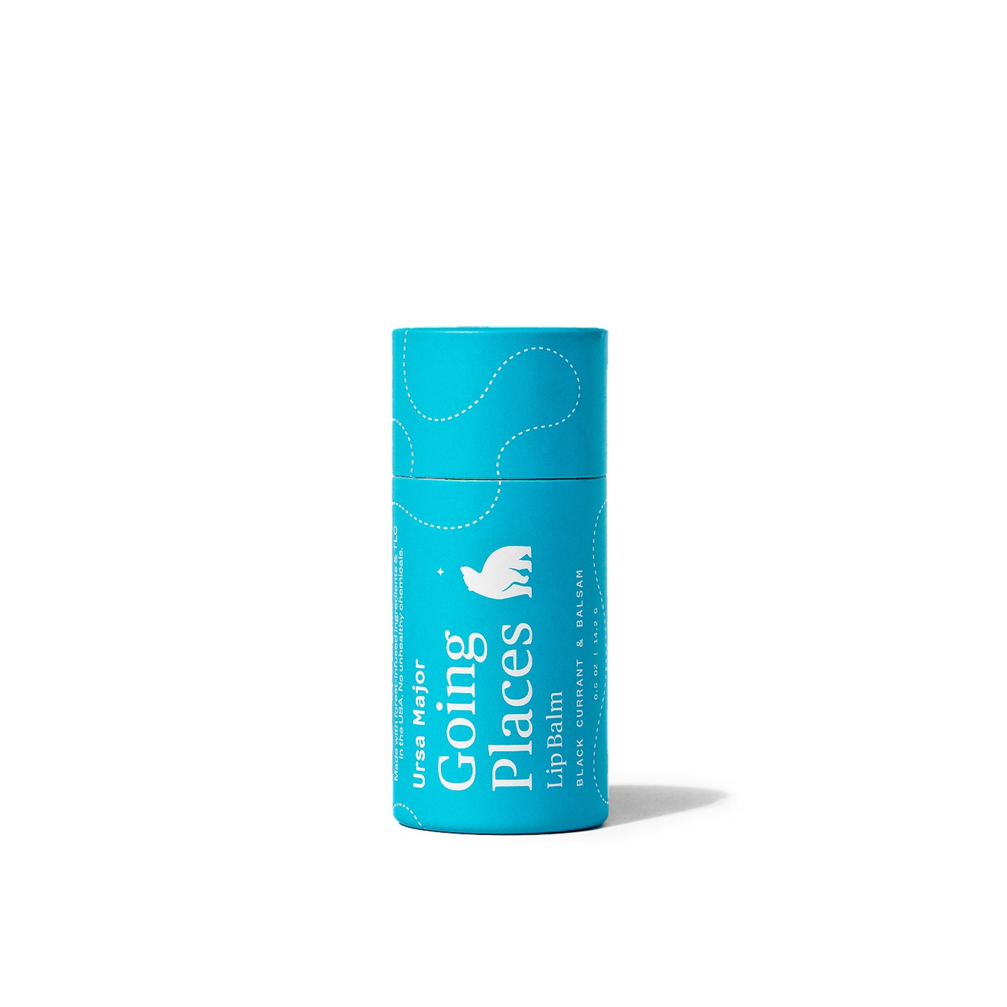 Tube of Ursa Major Going Places Lip Balm on a white background. Tube is blue with white lettering.