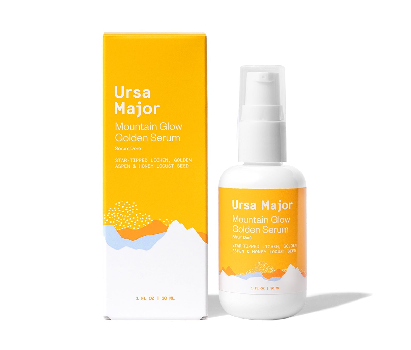 Box of Ursa Major Mountain Glow Golden Serum next to the bottle on a white background.  Jar is white with a yellow label with white lettering and white and yellow mountains.