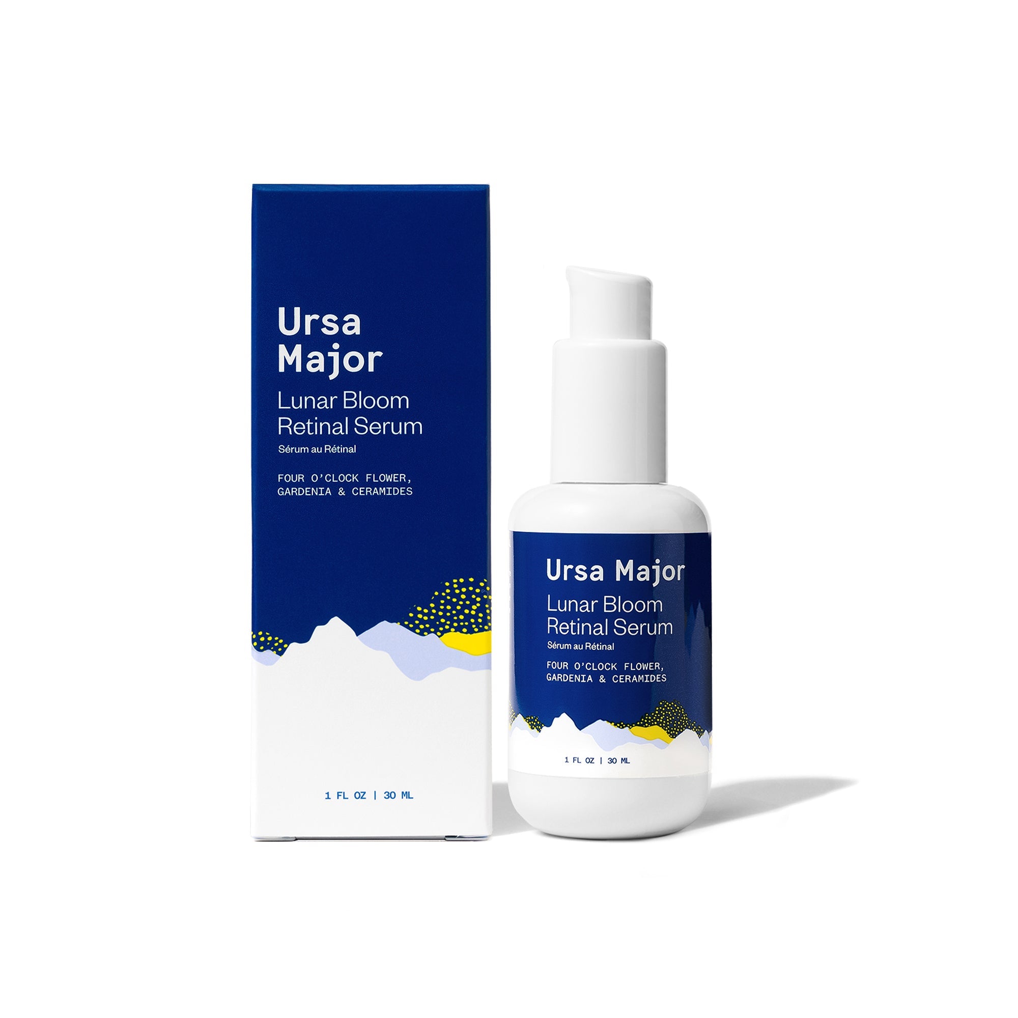 Ursa Major Lunar Bloom Retinal Serum, a moisturizing facial serum containing retinal, four o'clock flower, gardenia, and ceramides. The serum is shown in both a bottle and a box.