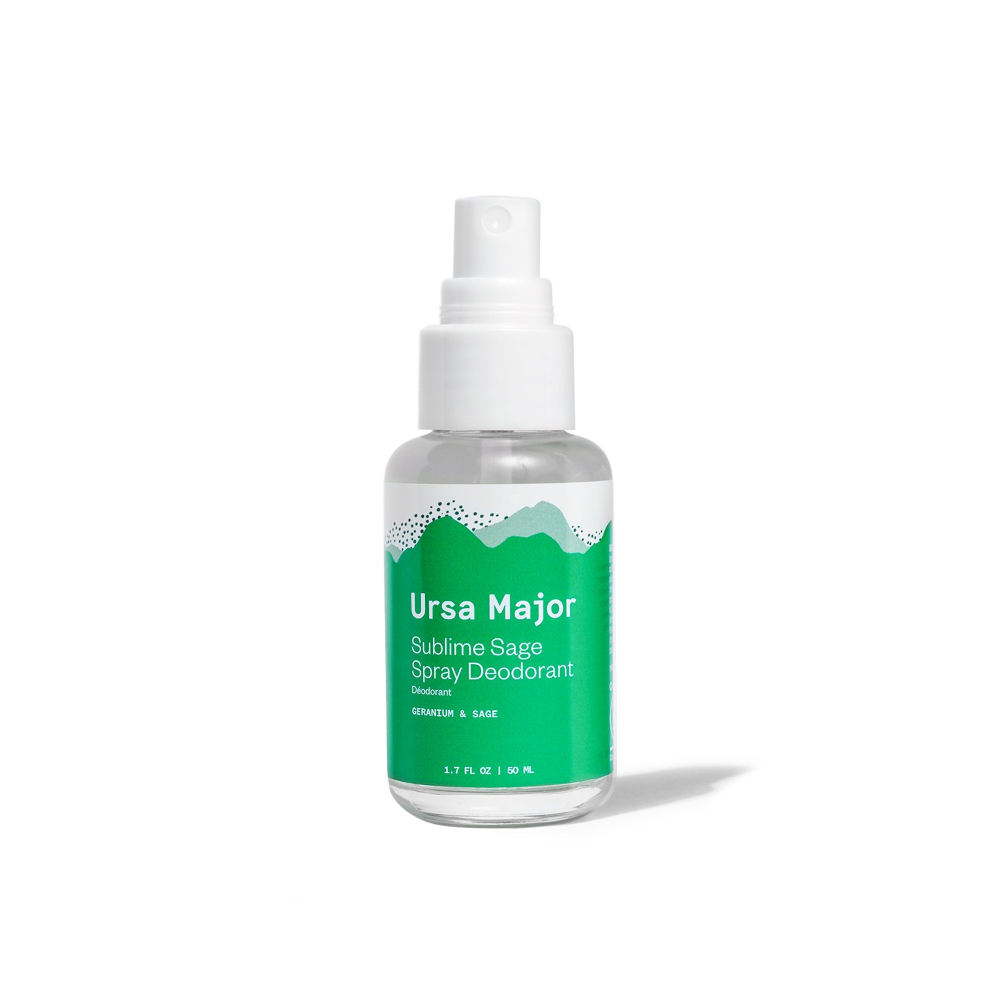 Bottle of Ursa Major Sublime Sage Spray Deodorant on a white background.  Bottle is clear with a white label with white lettering over green mountains.