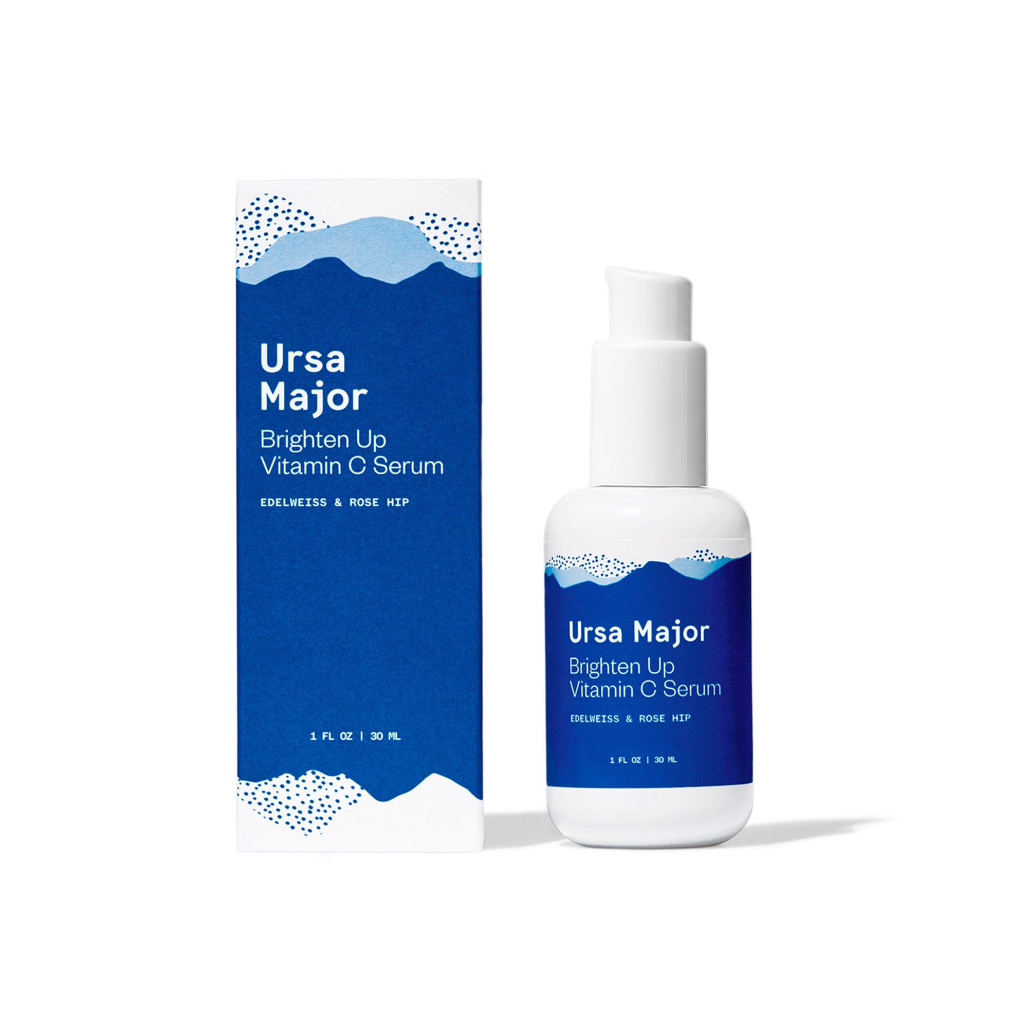 Ursa Major Brighten Up Vitamin C Serum bottle and box. This brighten serum features edelweiss and rose hip, formulated to provide brightening benefits for the skin.