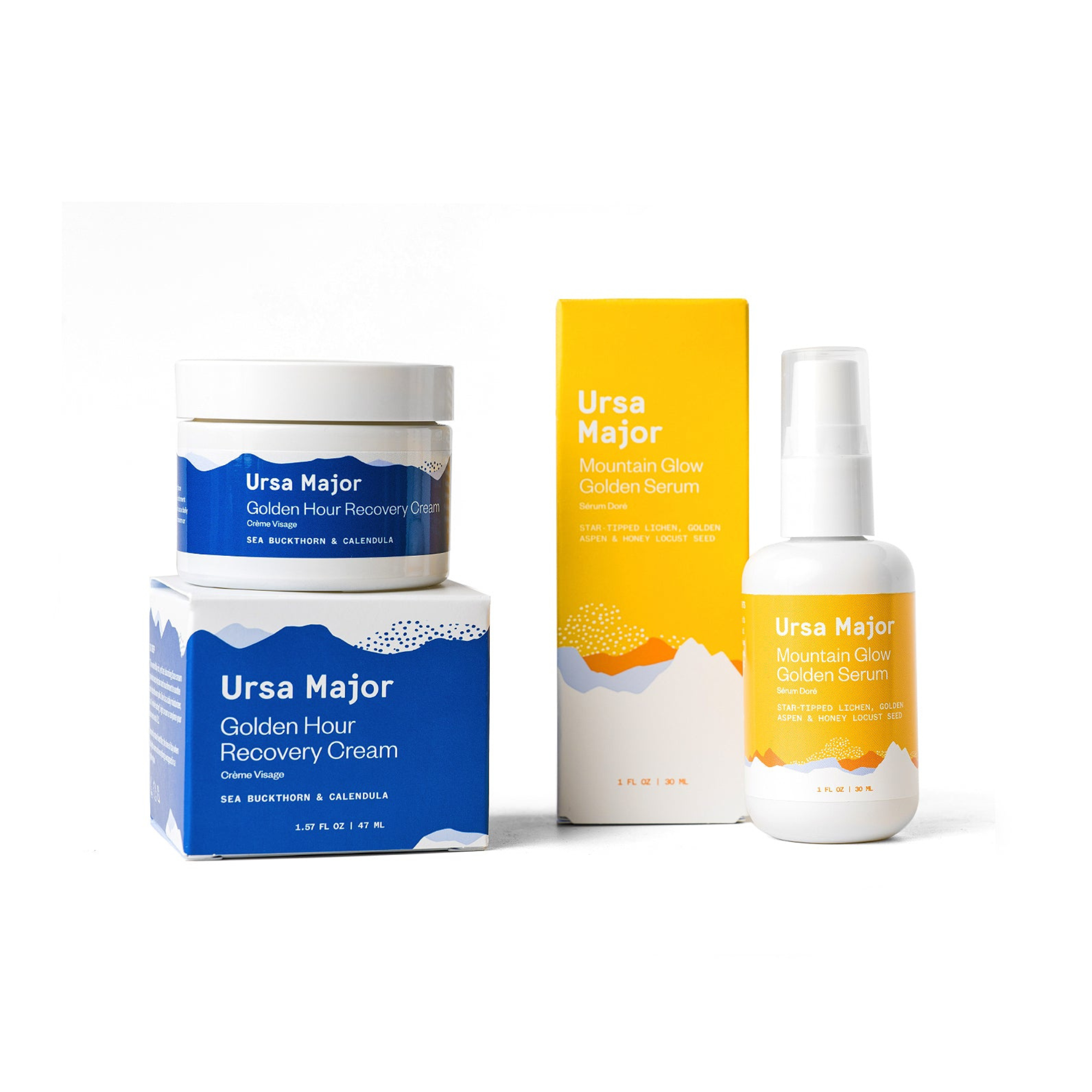 Ursa Major Golden Hour Recovery Cream on top of the Golden Hour box.  To the right is the Mountain Glow Golden Serum box and bottle of Mountain Glow Golden Serum